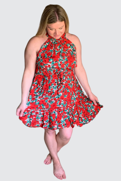 BTFBM Red Floral Print Halter Neck Dress
