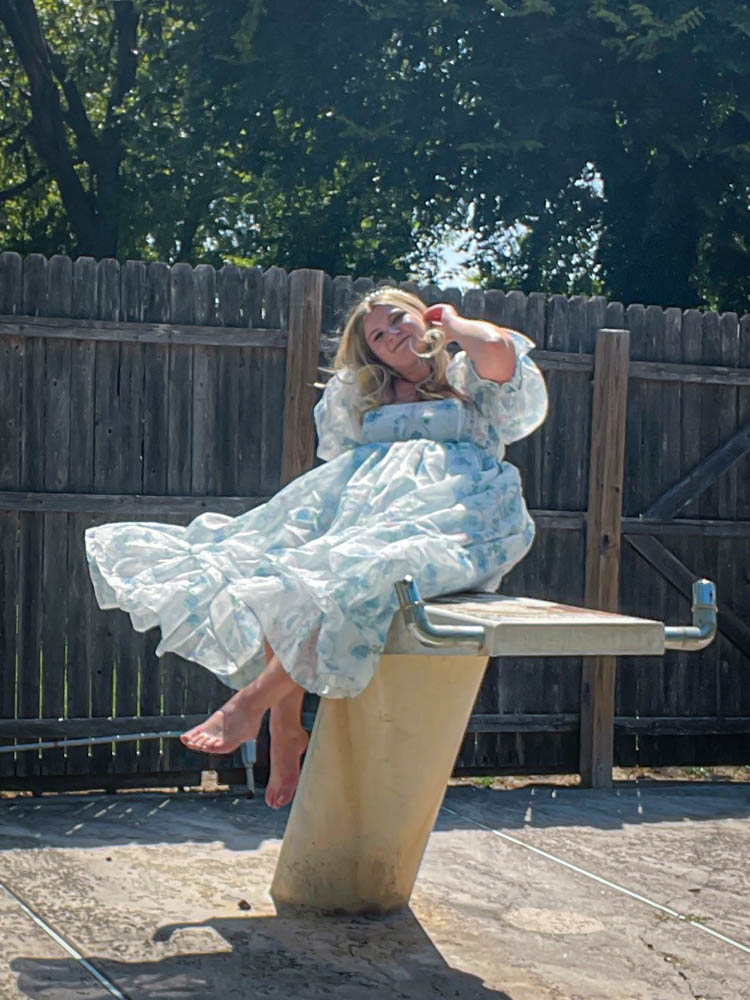 Dallas Dreamhaus pool Katie Kinsley Selkie Puff Sleeve Dress