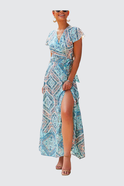 ECOWISH Womens Dresses Bohemian Wrap V Neck Short Sleeve Ethnic Style High Split Beach Maxi Dress