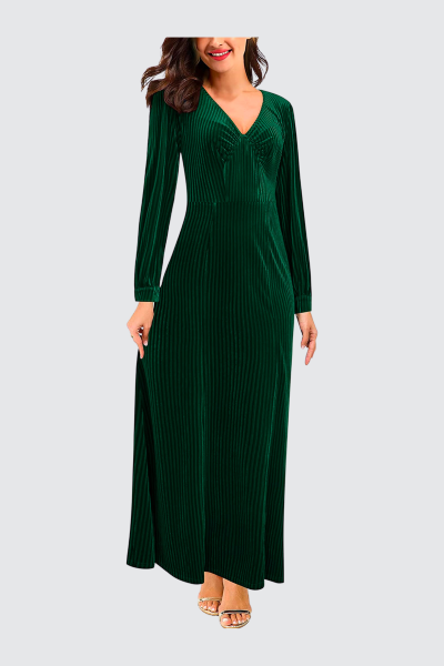 OUGES Women's Long Sleeve V-Neck Formal Dress Velvet Elegant Evening Maxi Dress