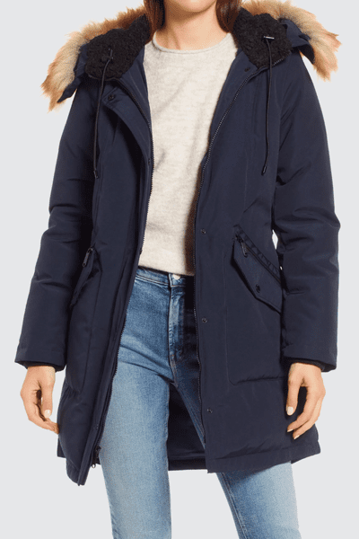 Hooded Down & Feather Fill Parka with Faux Fur Trim