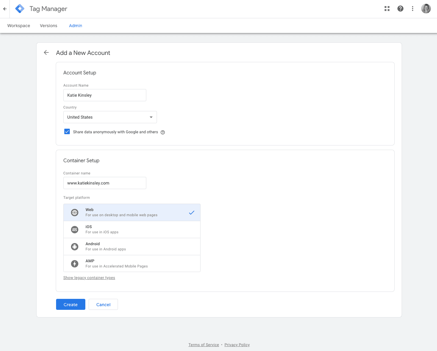Create a New Container Google Tag Manager