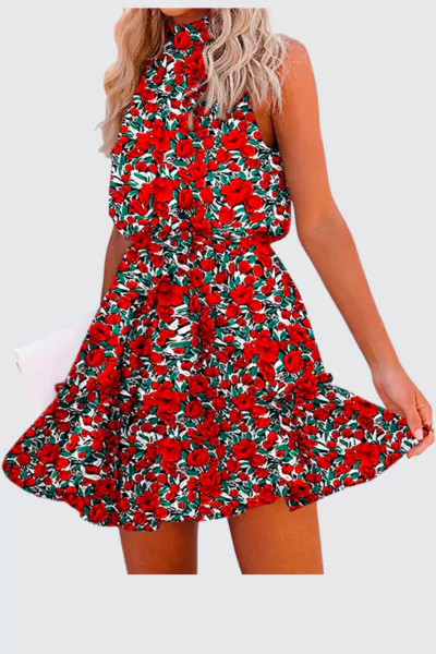 BTFBM Red Floral Print Halter Neck Dress