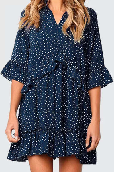 MITILLY Dark Blue V Neck Ruffle Polka Dot Dress