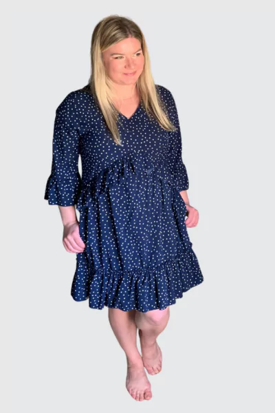 MITILLY Dark Blue V Neck Ruffle Polka Dot Dress