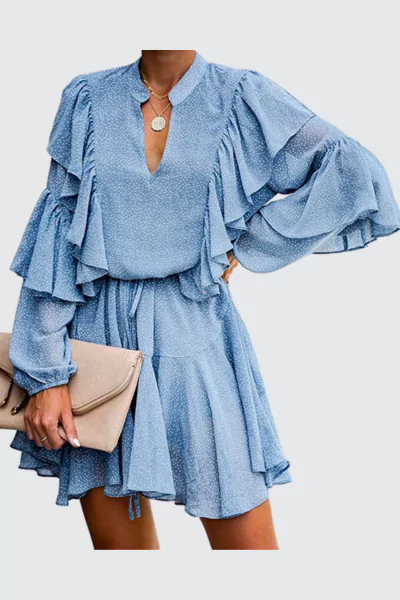 MITILLY Light Blue V Neck Swing Short Dress