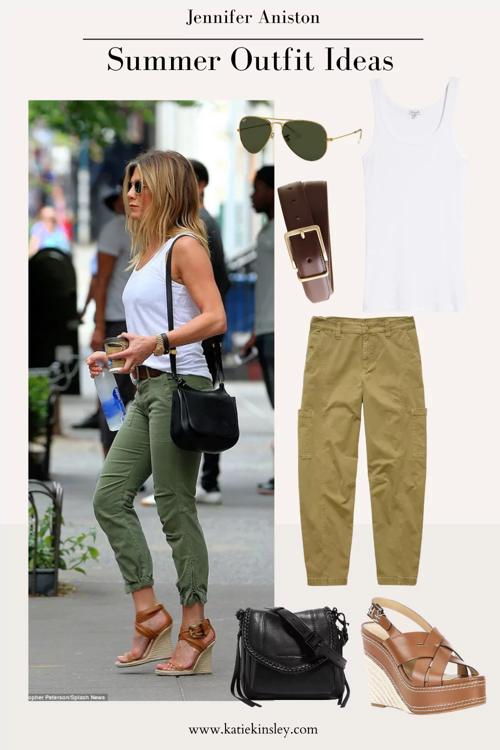 Jennifer Aniston wearing green khaki pants with white tank top and platform wedges