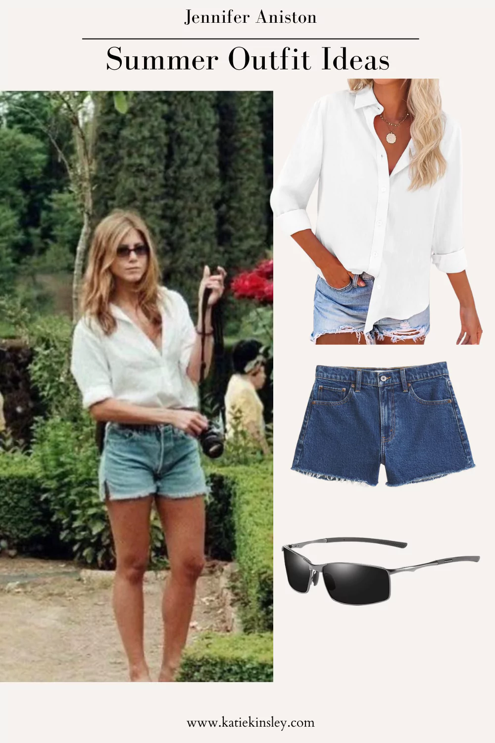 Jennifer Aniston wearing a loose white button up shirt and jean cutoff shorts