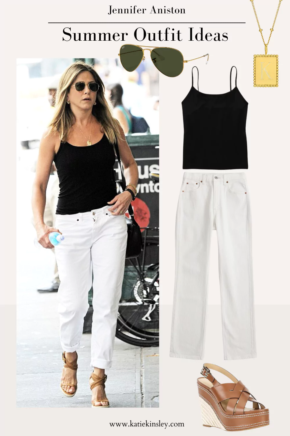 Jennifer Aniston wearing white jeans and a black tank top with platform wedges