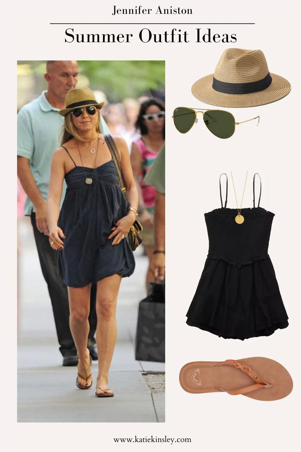Jennifer Aniston wearing a black sundress, braided slip flops, aviators and a panama hat