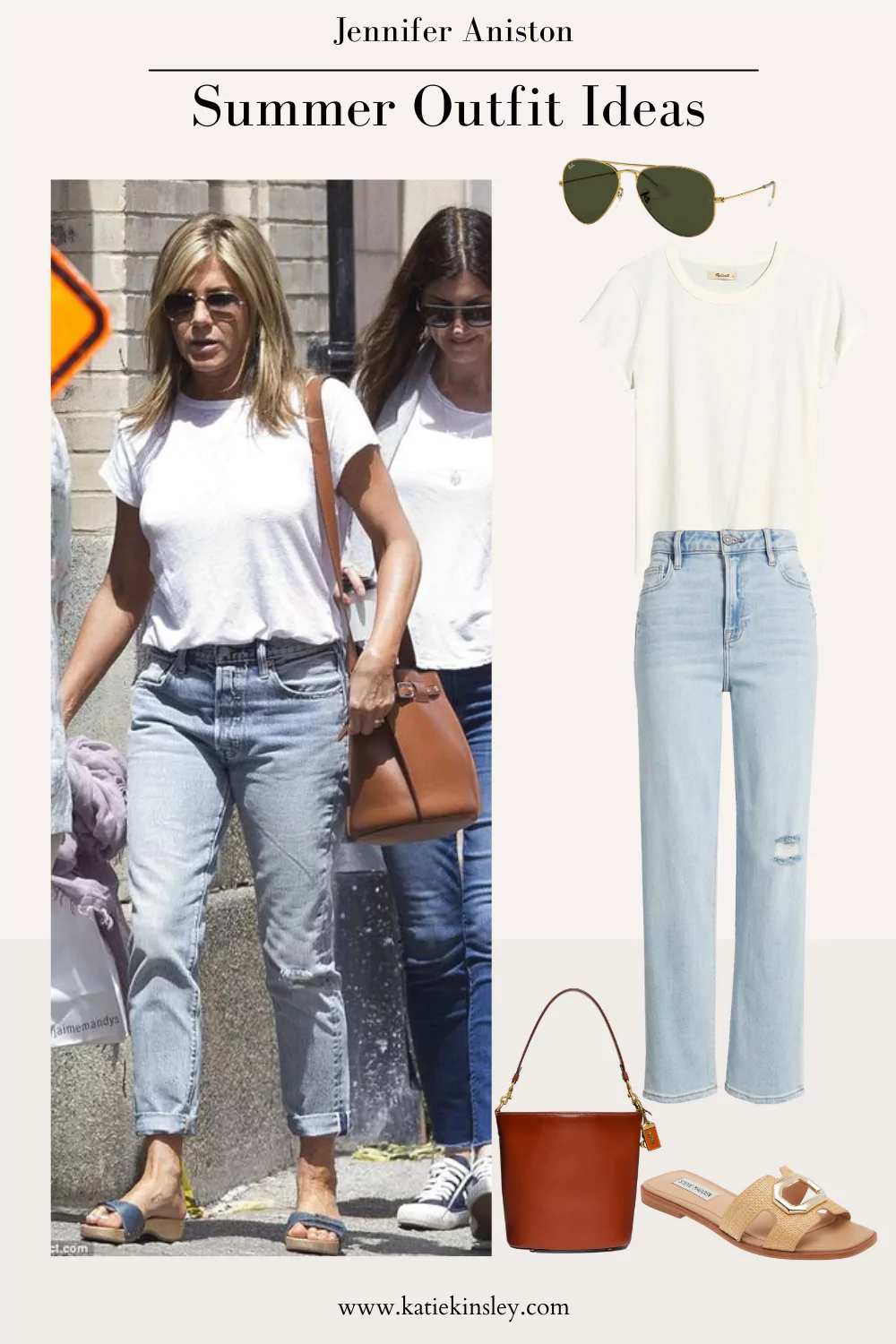 Jennifer Aniston wearing a white tee, light colored jeans and simple slides