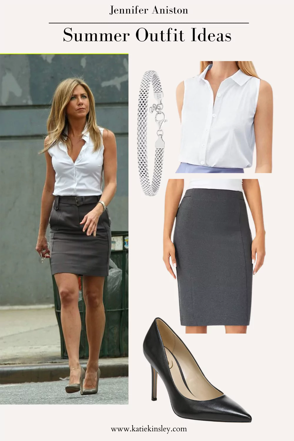 Jennifer Aniston wearing a white sleeveless button up top with a grey pencil skirt and black heels
