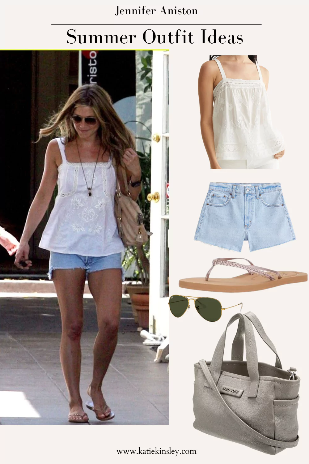 Jennifer Aniston wearing a white embroidered tank top with cutoff jeans and simple sandals