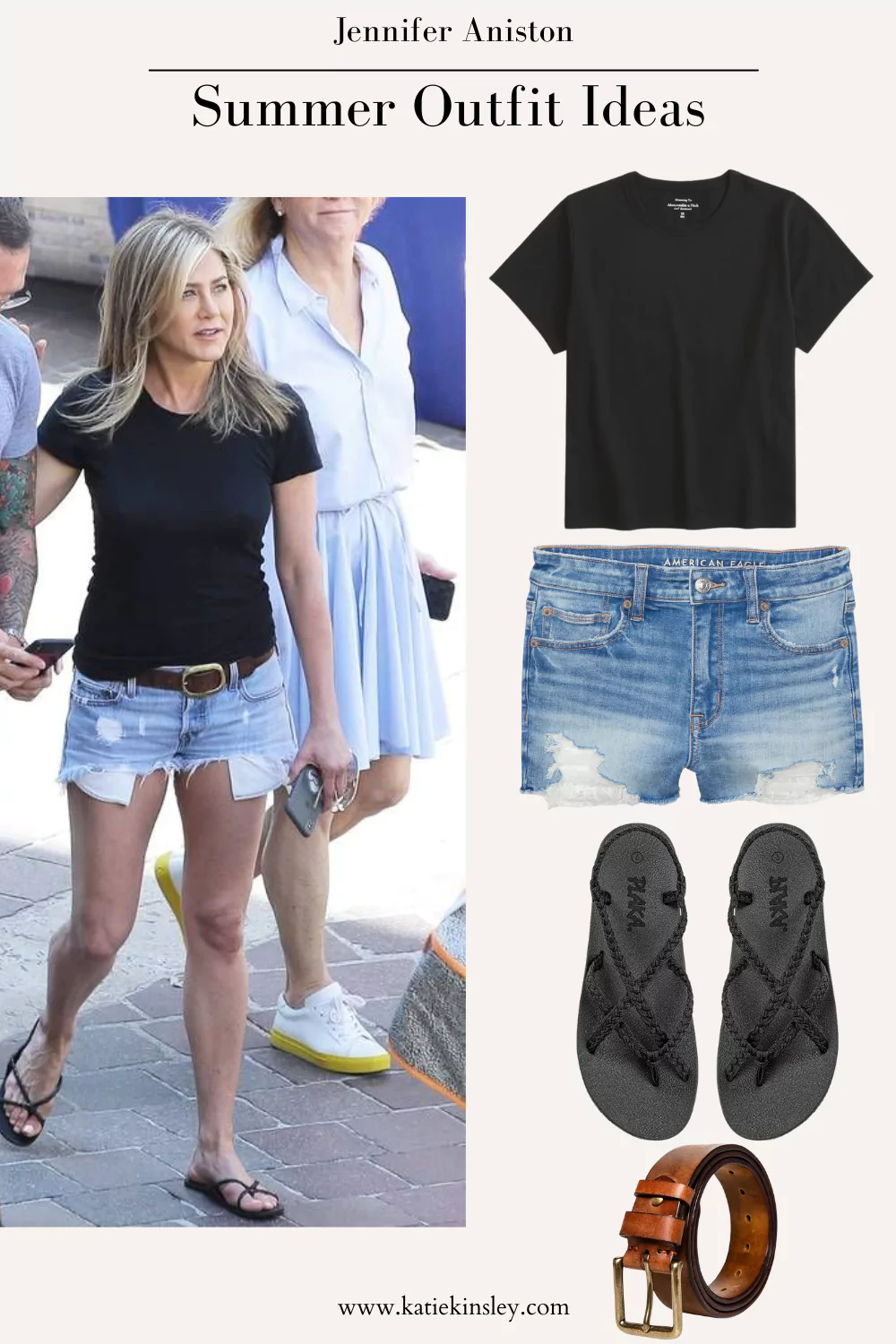 Jennifer Aniston wearing a black tee and cutoff demin shorts with black sandals