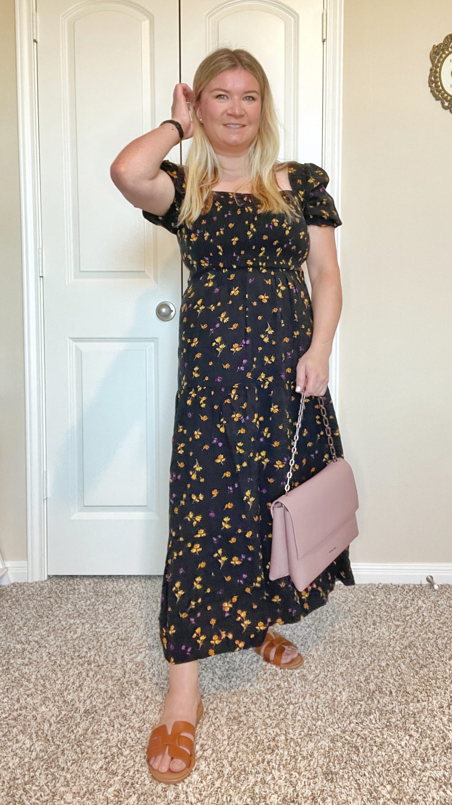 Jessica Simpson Women's Abril Smock Short Sleeve Tier Maxi Dress