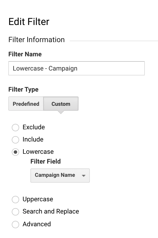 Google Analytics Filter Lowercase campaign