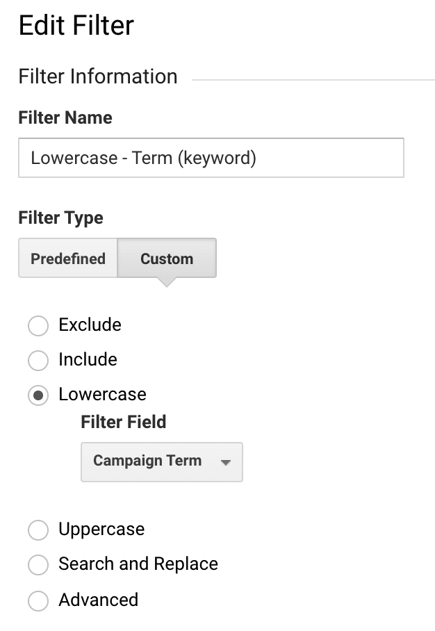 Google Analytics Filter Lowercase keyword