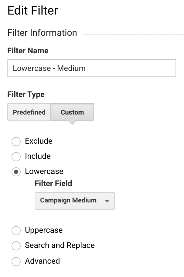Google Analytics Filter Lowercase Medium