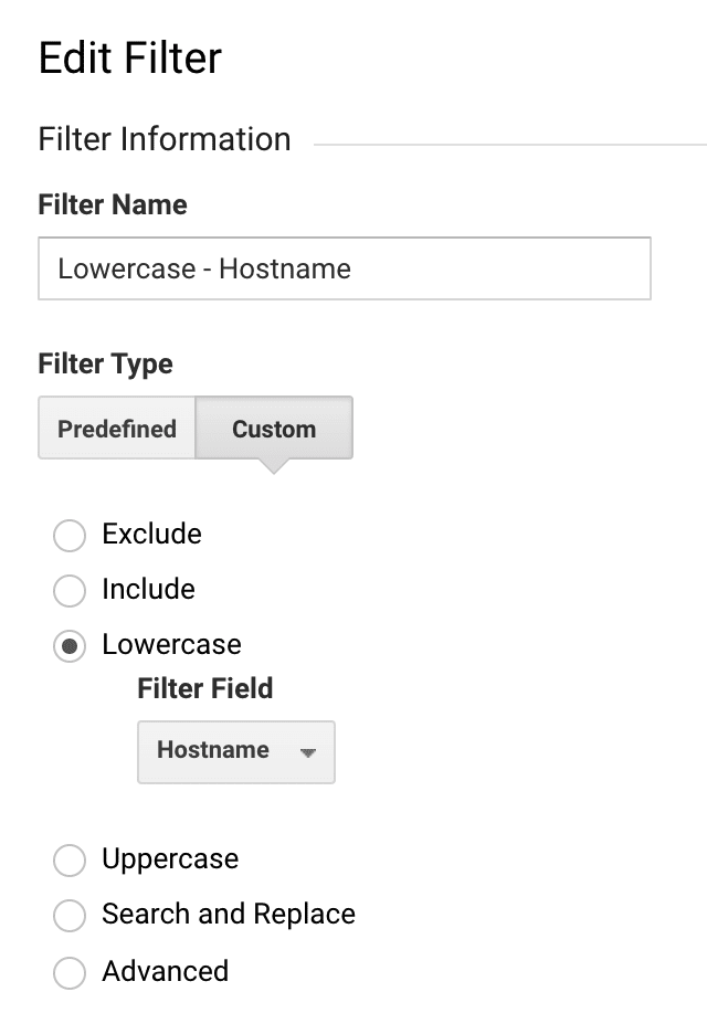 Google Analytics Filter Lowercase hostname