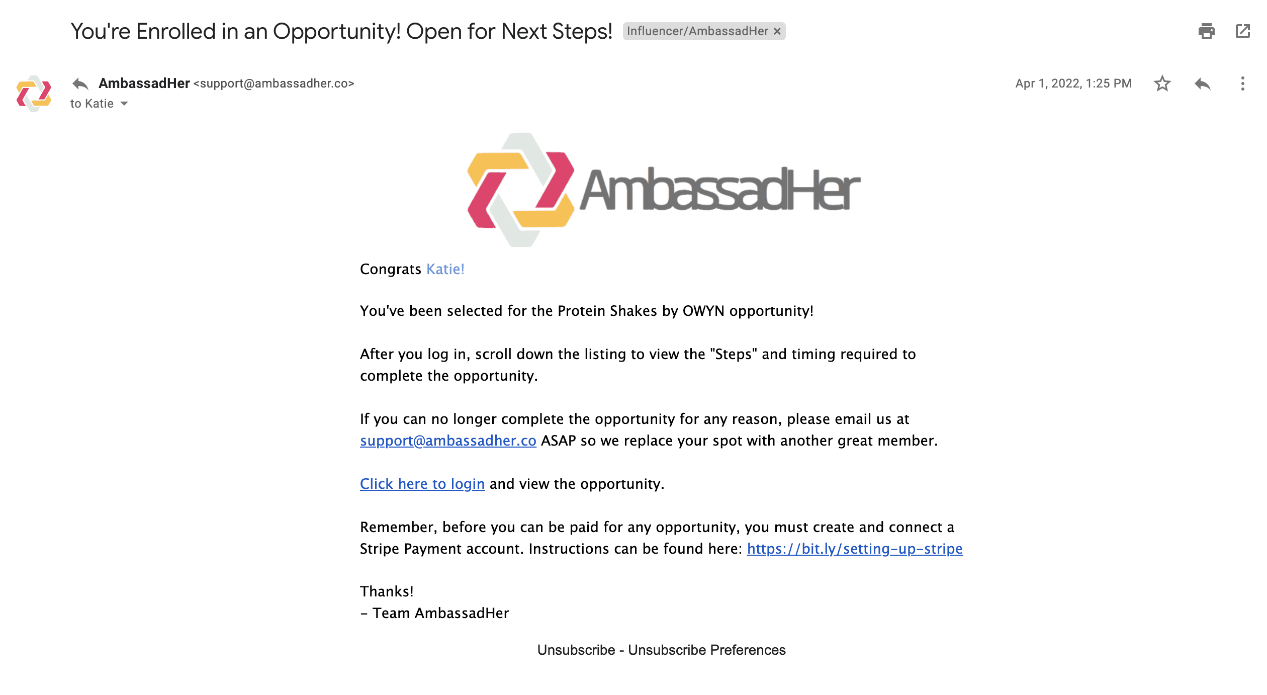 AmbassadHer enrollment email