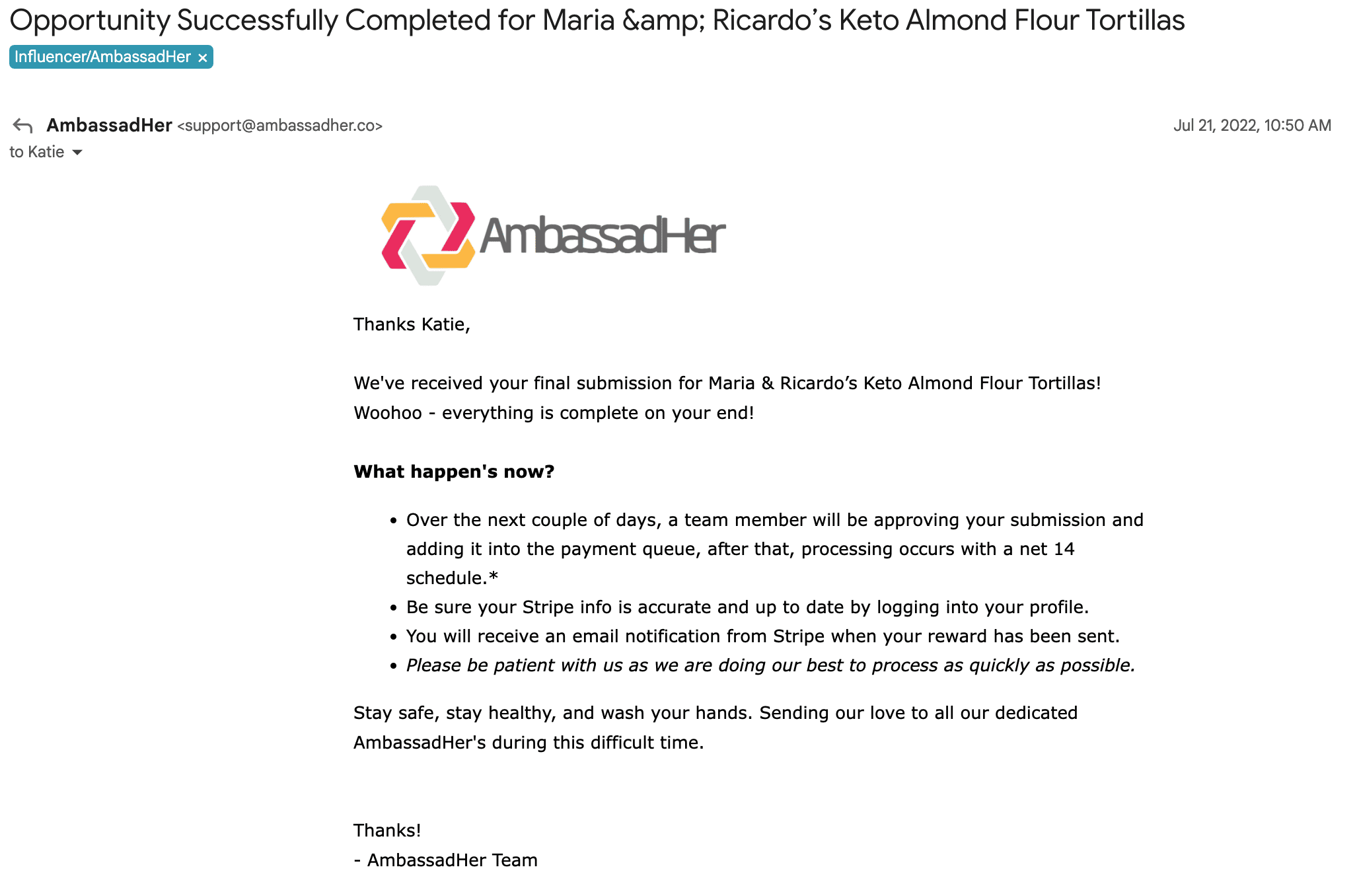 AmbassadHer campaign completed email