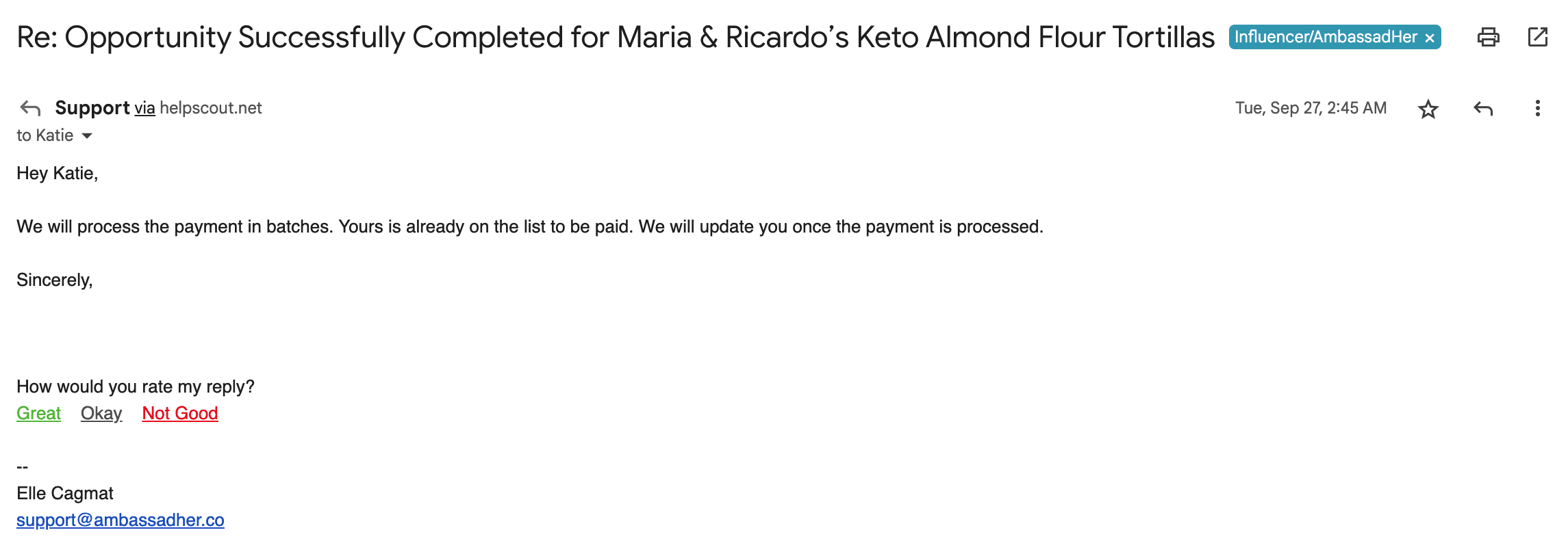 AmbassadHer support acknowledges that I will be receiving payment