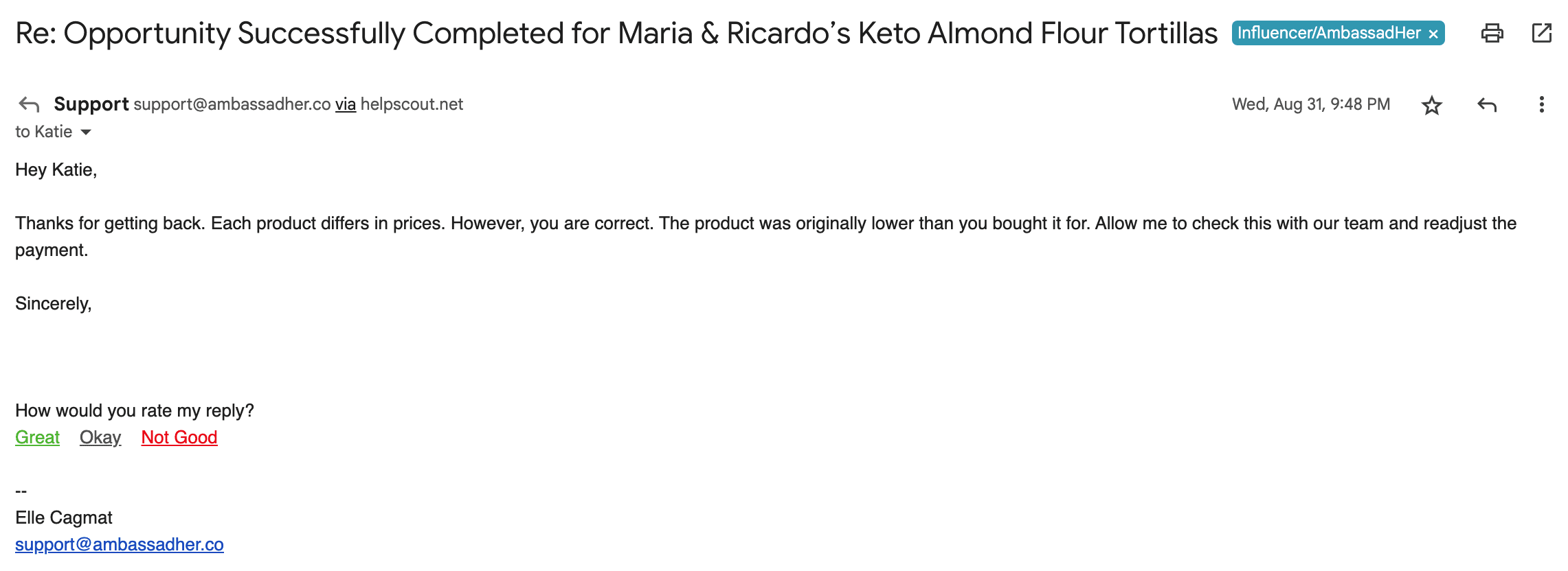 AmbassadHer support confirmed wrong payout