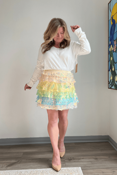 Red Dress Living In A Fairytale Rainbow Sequin Skirt