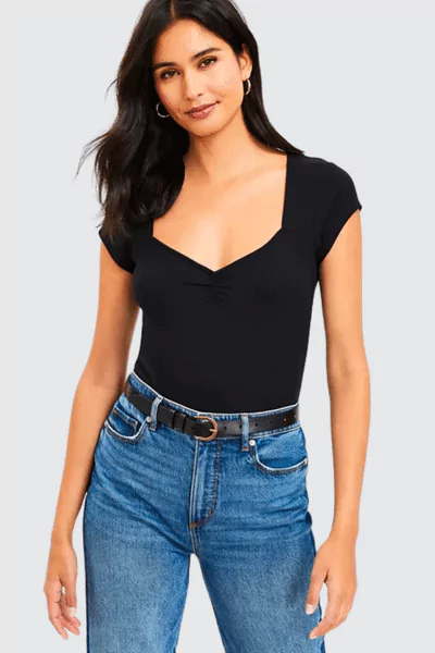 Cinched Ribbed Sweetheart Neck Tee