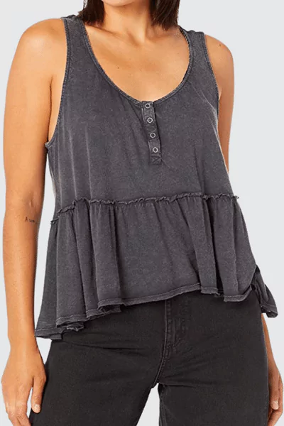 Lucky Brand Women's Babydoll Henley Tank, Washed Black, Large