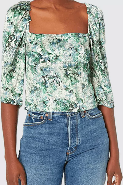 Vince Women's Painted Floral Draped L/S Square NK TOP, HERB, 8