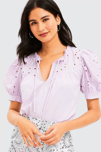 LOFT Eyelet Tie Neck Puff Sleeve