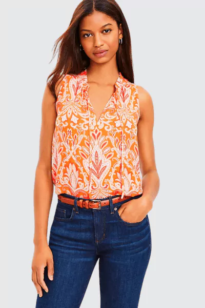 LOFT Paisley Ruffle Tie Neck Shell