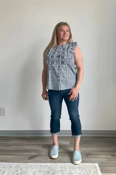 Plaid Ruffle Bib Button Top