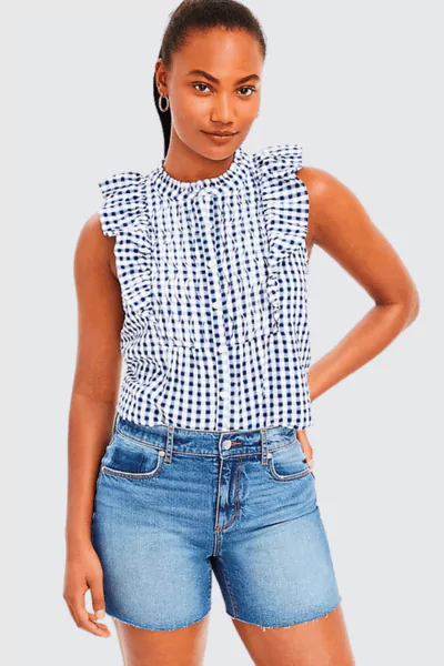 LOFT Plaid Ruffle Bib Button Top