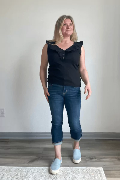Ruffle Mixed Media V-Neck Top