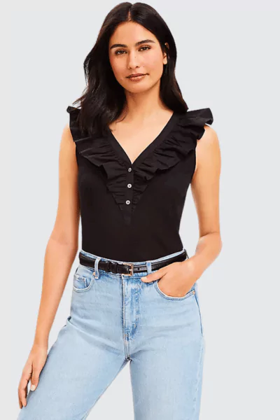 LOFT Ruffle Mixed Media V-Neck Top