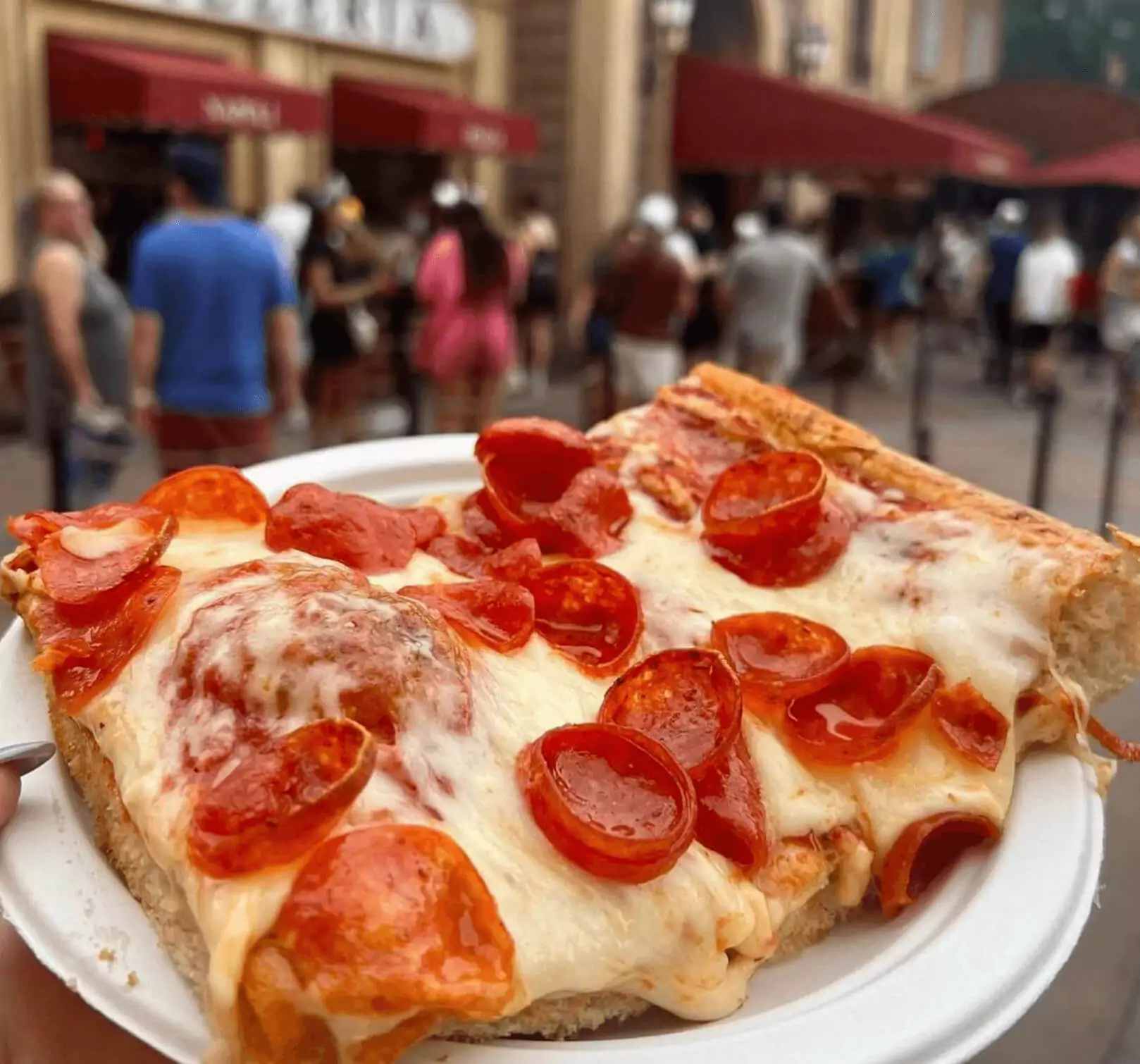 a slice of pizza on a paper plate at Epcot