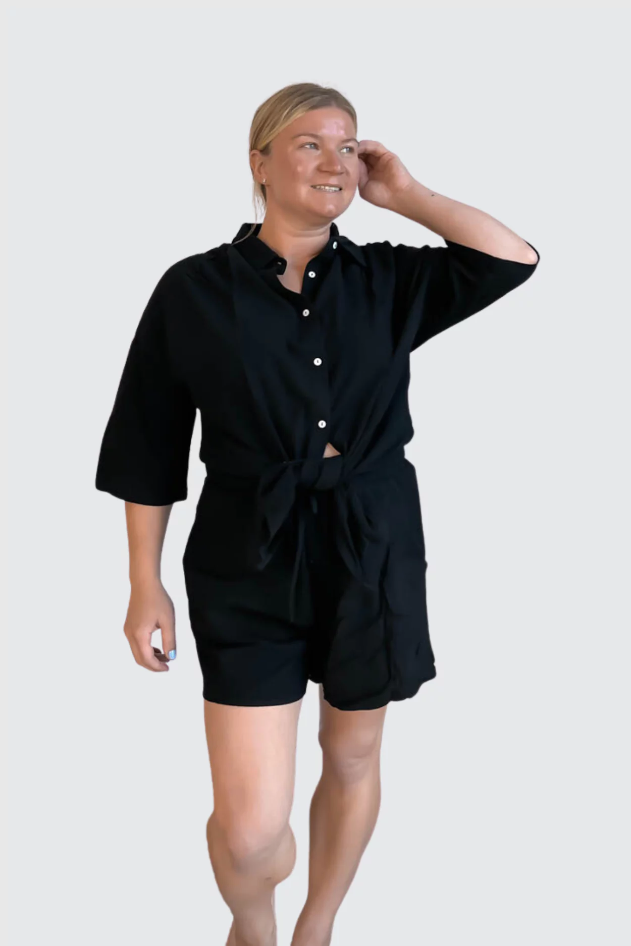 Fixmatti Two Piece Outfits for Women Short Sleeve Collar Button Shirt Top Loose Shorts Set Casual Tracksuit Streetwear Black L