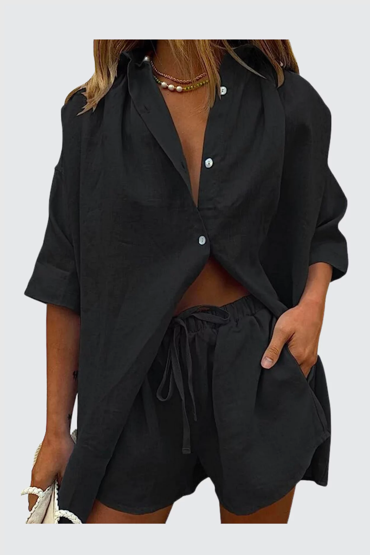 Fixmatti Two Piece Outfits for Women Short Sleeve Collar Button Shirt Top Loose Shorts Set Casual Tracksuit Streetwear Black L