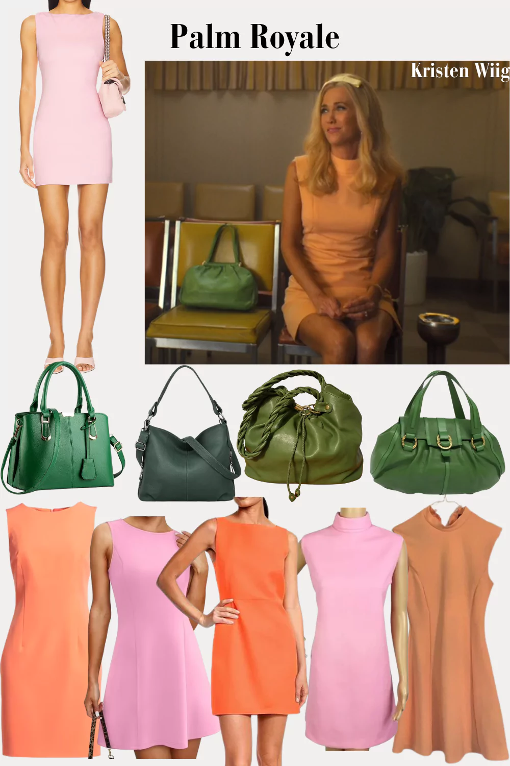 Maxine Simmons Outfit 3 - Maxine wearing a peach sleeveless sheath dress with a mock neckline and minimalist design, seated with a structured green tote placed on the seat beside her, blending elegance with a pop of color.