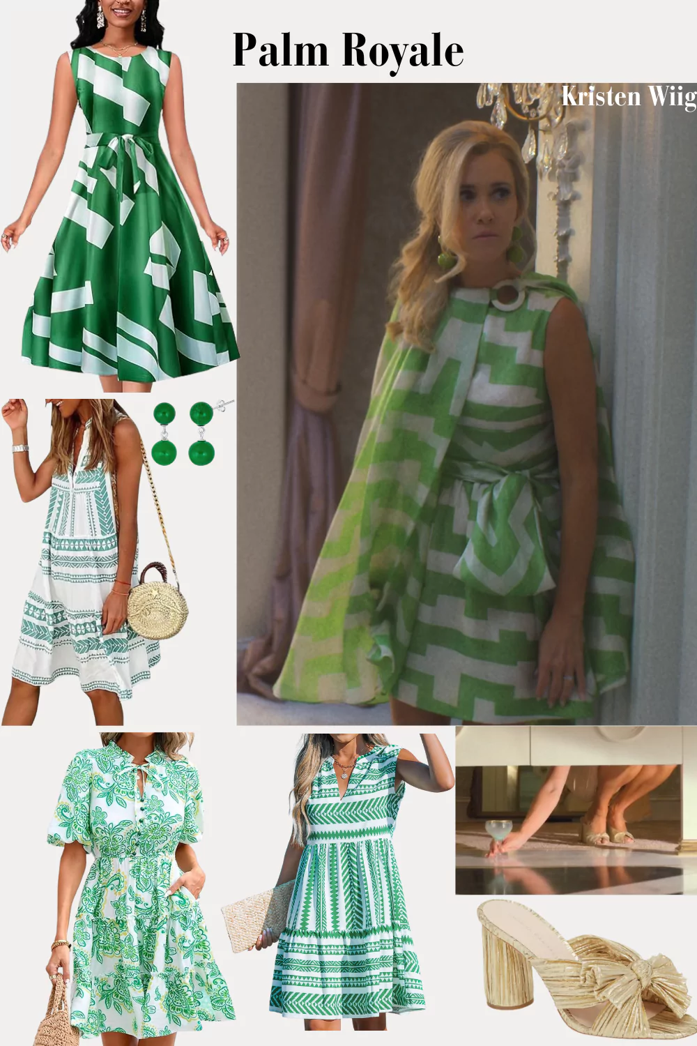 Maxine Simmons Outfit 1 Episode 2 - Maxine in a green and white geometric print dress with a matching cape.