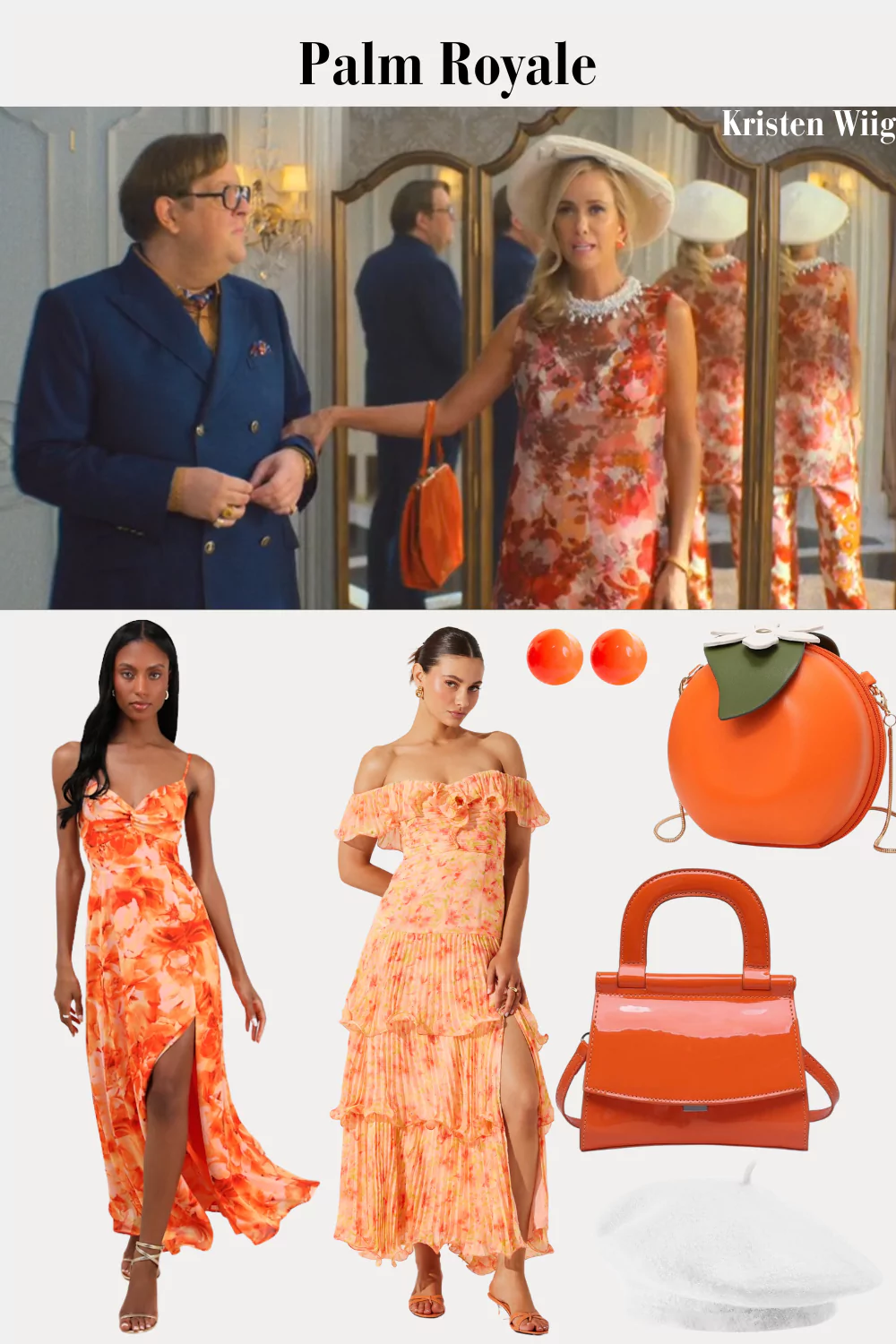 Maxine Simmons Outfit 3 Episode 2 - Maxine in a matching floral pant and top, orange bauble earrings, and a round orange satchel.