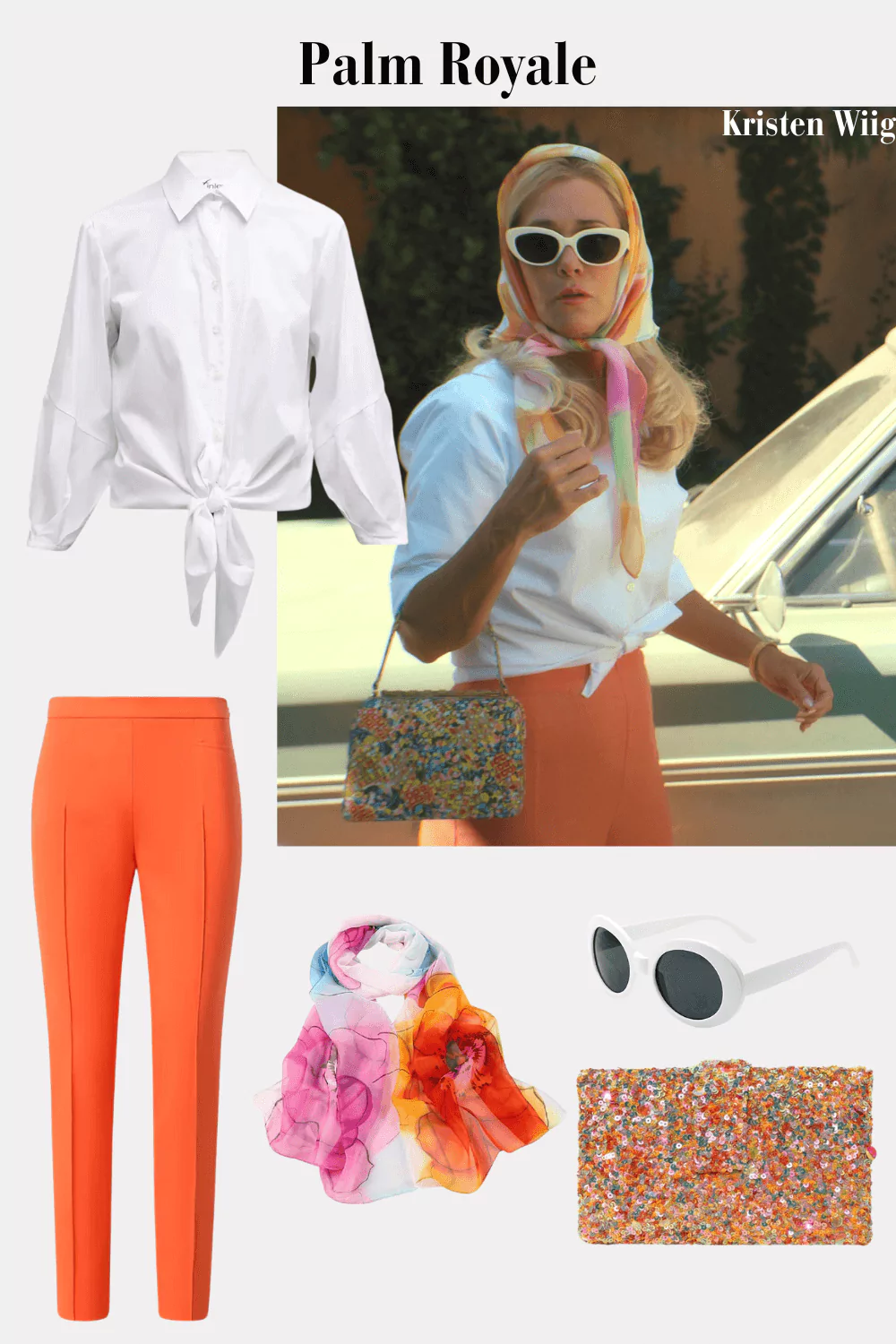Maxine Simmons Outfit 2 Episode 3 - Maxine wearing a beaded shoulder clutch, orange pants, white top, white cat eye sunglasses, and a colorful head scarf.