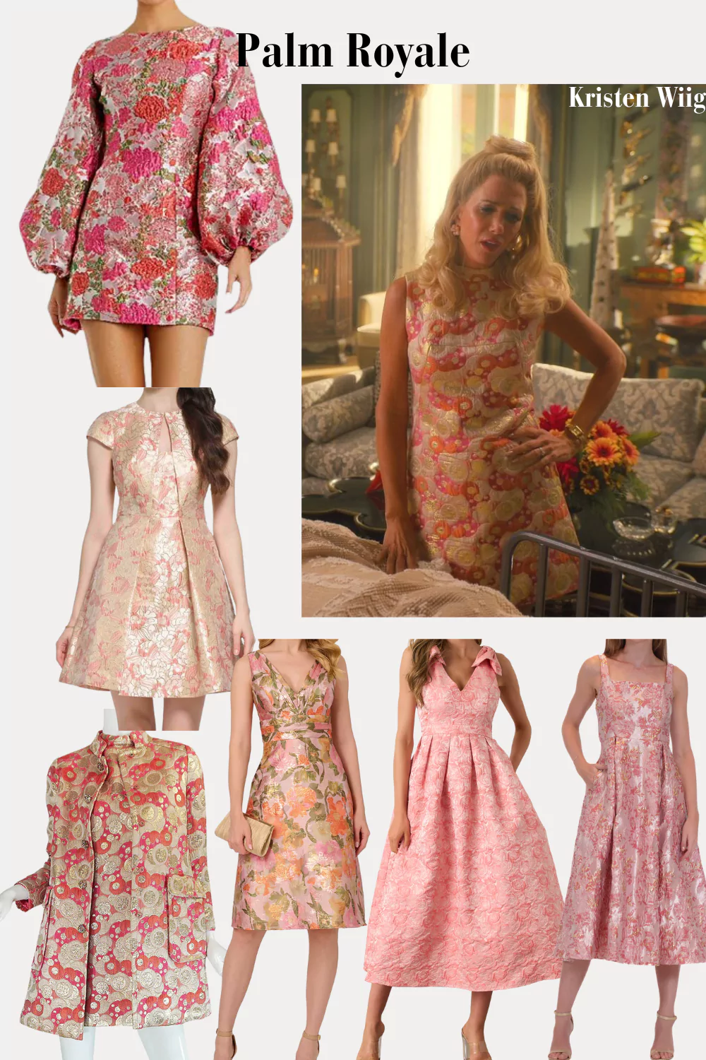 Maxine Simmons Outfit 5 Episode 4 - Maxine in a 1960s pink metallic Pat Sandler dress and coat.