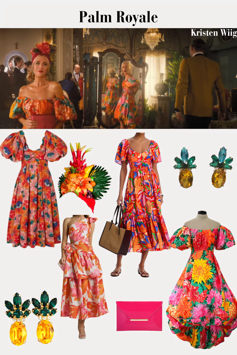 Maxine Simmons Outfit 4 Episode 4 - Maxine in a Spring 1987 Arnold Scaasi off-shoulder silk twill floral dress with a pouf skirt and a hot pink clutch.