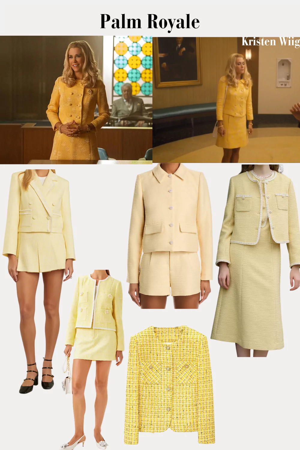 Maxine Simmons Outfit 3 Episode 4 - Maxine wear a tweed yellow matching jacket and pencil skirt.