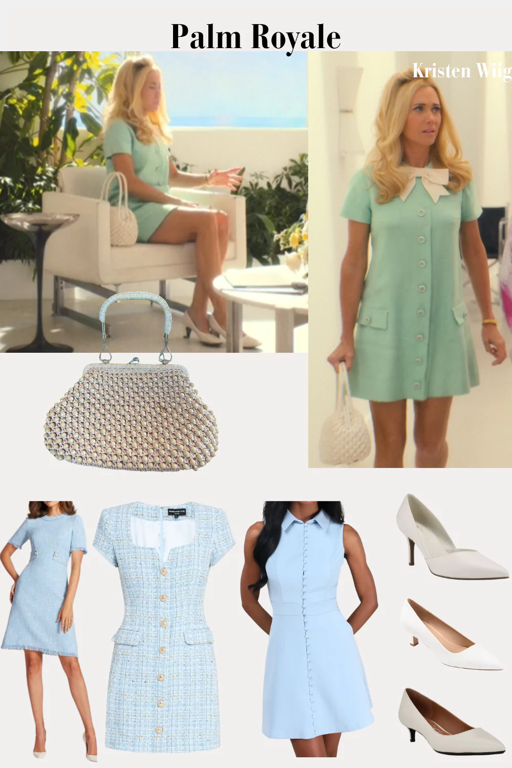 Maxine Simmons Outfit 2 Episode 5 - Maxine in a teal mini dress with large buttons, a white bow at the neck, and a white woven satchel bag.