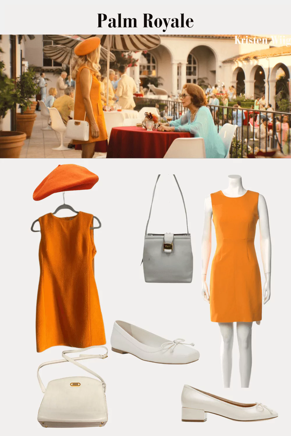Maxine Simmons Outfit 3 Episode 6 - Maxine in an orange a-line dress with a matching beret and white flats.