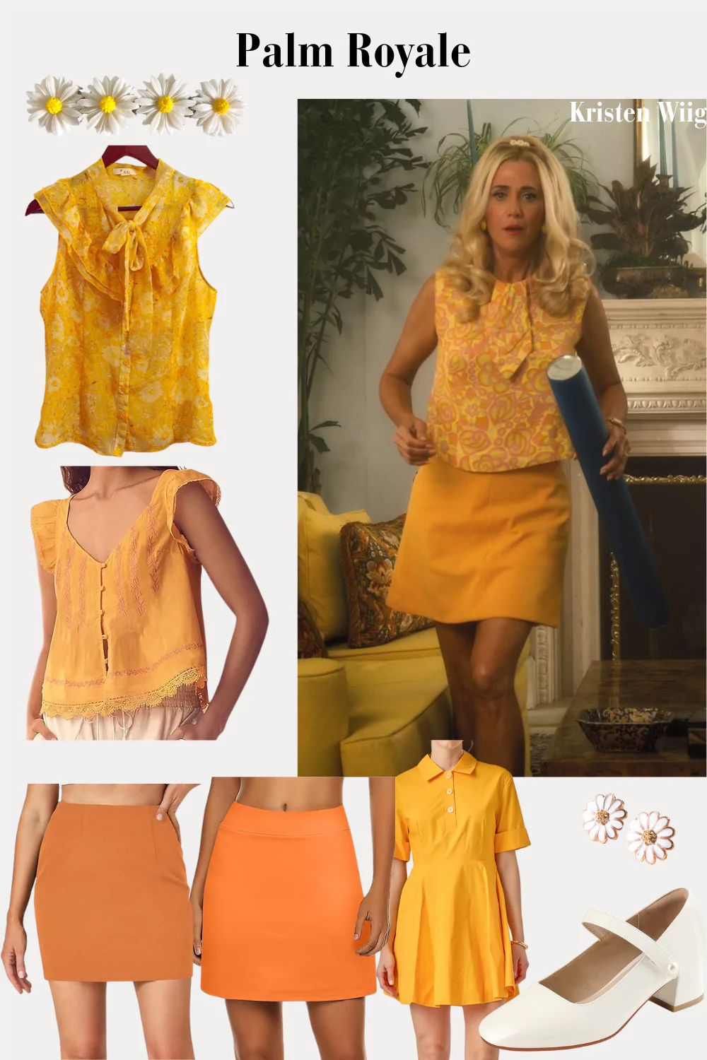 Maxine Simmons Outfit 1 Episode 6 - Maxine in a yellow and orange floral sleeveless top, plain orange pencil mini skirt, and sunflower barrette.